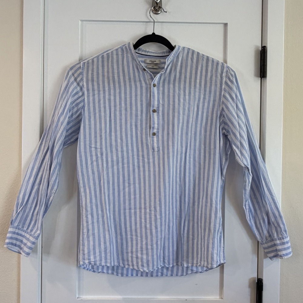 Jack Jones Mens L Shirt Striped Slim Linen Blend Long Sleeve Mandarin Collar